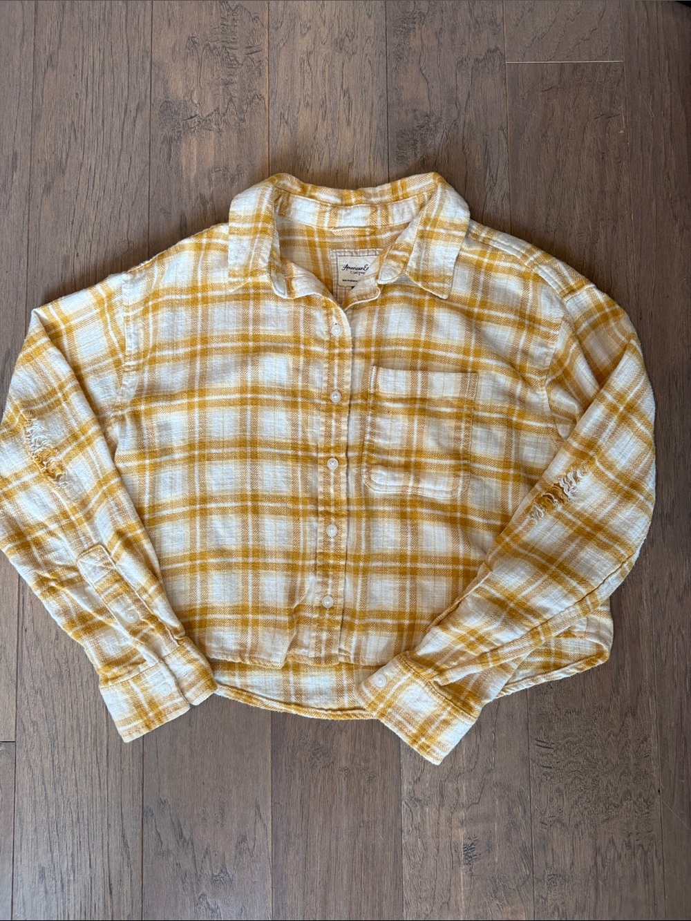 American Eagle Cropped Flannel Button Front Shirt Yellow Plaid Sz XS Distressed